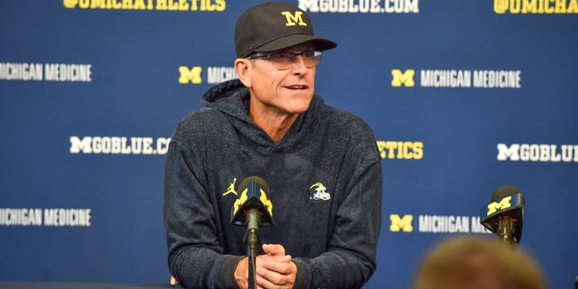 Head coach Jim Harbaugh of the Michigan Wolverines talks to the press after the game against the Colorado State Rams at Michigan Stadium in Ann Arbor, Michigan, on Sept. 3, 2022.