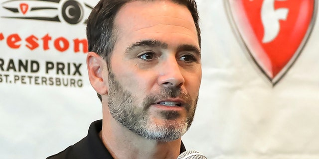 Jimmie Johnson speaks about joining the team of Chip Ganassi for the IndyCar series at a press conference during the IndyCar race weekend in St. Petersburg, Florida, Oct. 24, 2020. 