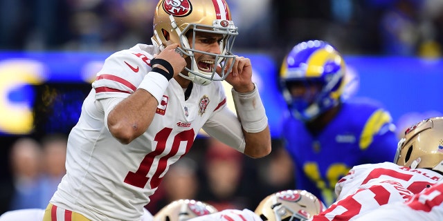 49ers' Trey Lance left the field with an ankle injury 3 San Francisco 49ers quarterback Jimmy Garoppolo calls a play against the Los Angeles Rams during the NFC Championship Game at SoFi Stadium on January 30, 2022 in Inglewood, California.