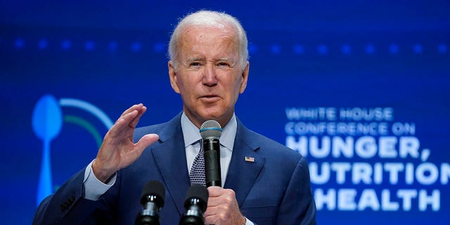 President Joe Biden speaks during the White House Conference on Hunger, Nutrition and Health at the Ronald Reagan Building, Wednesday, Sept. 28, 2022, in Washington. 