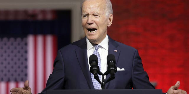 President Joe Biden delivers a primetime speech at Independence National Historical Park. (Photo by Alex Wong/Getty Images)