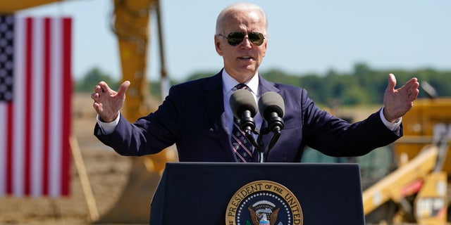 President Joe Biden speaks during a groundbreaking for a new Intel computer chip facility in New Albany, Ohio, Friday, Sep. 9, 2022. (AP Photo/Manuel Balce Ceneta)