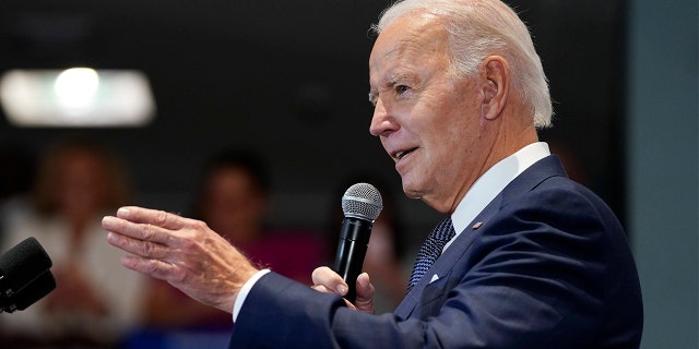 President Biden speaks during a Democratic National Committee event.