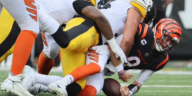 Linebacker Alex Highsmith #56 of the Pittsburgh Steelers sacks quarterback Joe Burrow #9 of the Cincinnati Bengals during the second half at Paul Brown Stadium on September 11, 2022 in Cincinnati, Ohio.