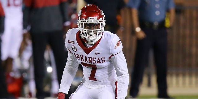 Joe Foucha, #7 of the Arkansas Razorbacks, in action against the Mississippi State Bulldogs during a game at Davis Wade Stadium on Oct. 3, 2020, in Starkville, Mississippi.