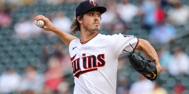 Joe Ryan #41 of the Minnesota Twins delivers a pitch against the Cleveland Guardian in the first innings at Target Field on June 21, 2022 in Minneapolis, Minnesota.