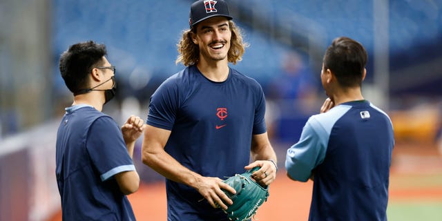 Joe Ryan #74 of the Minnesota Twins looks on before a game against the Tampa Bay Rays at Tropicana Field on September 03, 2021 in St. Petersburg, Florida.