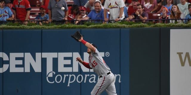 Washington Nationals outfielder Joey Meneses catches a fly ball in the eighth inning of a game against the St. Louis Cardinals at Busch Stadium in St. Louis, Missouri, on Tuesday, Sept. 6, 2022.