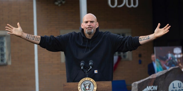 Pennsylvania Lt. Gov. and Democratic Senate nominee John Fetterman speaks to a crowd gathered at aa United Steel Workers of America Labor Day event with President Joe Biden in West Mifflin, Pa., just outside Pittsburgh, Monday Sept. 5, 2022. (AP Photo/Rebecca Droke)