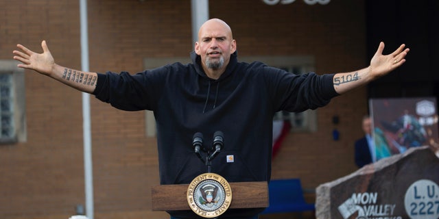 Pennsylvania Lt. Gov. and Democratic Senate nominee John Fetterman speaks to a crowd gathered at a United Steel Workers of America Labor Day event with President Joe Biden in West Mifflin, Pa., just outside Pittsburgh, Monday Sept. 5, 2022.