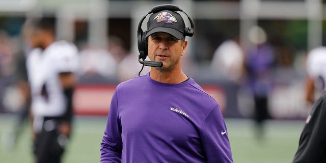 Baltimore Ravens head coach John Harbaugh on the sidelines in the second half of a game against the New England Patriots Sunday, Sept. 25, 2022, in Foxborough, Mass.