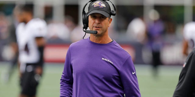 Baltimore Ravens head coach John Harbaugh on the sidelines in the second half of a game against the New England Patriots Sunday, Sept. 25, 2022, in Foxborough, Mass.