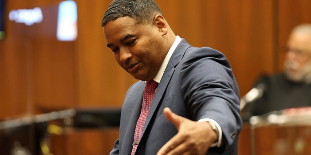 Deputy DA John McKinney delivers opening statements during the Eric Holder murder trial for the shooting death of rapper Nipsey Hussle on Wednesday in Los Angeles.