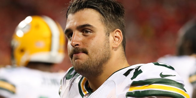 Green Bay Packers guard Jon Runyan Jr. in the second half of an NFL preseason game between the Green Bay Packers and Kansas City Chiefs on Aug. 25, 2022 at GEHA Field at Arrowhead Stadium in Kansas City, Missouri.