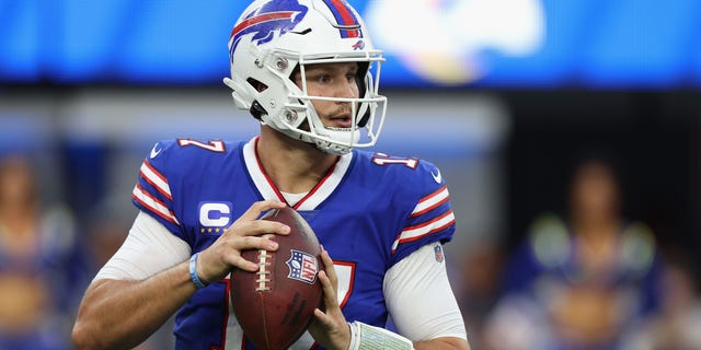 Quarterback Josh Allen #17 of the Buffalo Bills drops back to pass during the first quarter of the NFL game against the Los Angeles Rams at SoFi Stadium on September 08, 2022 in Inglewood, California.