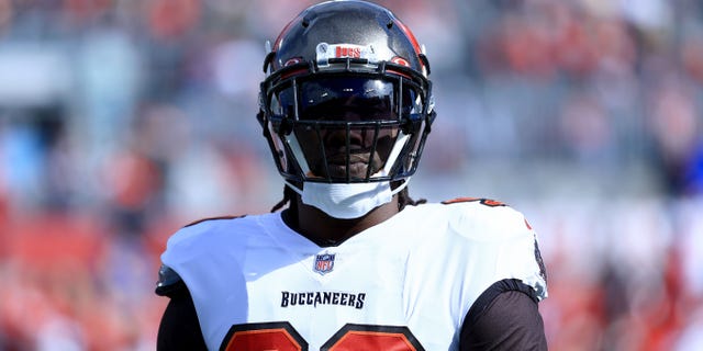 Jason Pierre-Paul of the Tampa Bay Buccaneers warms up before playing the Los Angeles Rams in the NFC Divisional Playoff game at Raymond James Stadium in Tampa, Fla., on Jan. 23, 2022.