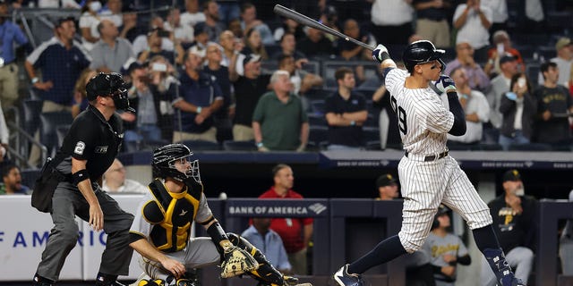Aaron Judge #99 of the New York Yankees is now the sixth person in MLB history to hit 60 homers in a season.