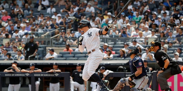 Aaron Judge of the New York Yankees doubles in the first inning against the Minnesota Twins at Yankee Stadium in New York on Sept. 5, 2022.