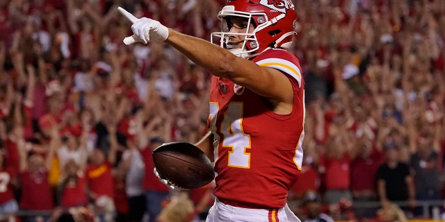 Kansas City Chiefs wide receiver Justin Watson scores in the second half of an NFL football game against the Los Angeles Chargers on Thursday, Sept. 15, 2022 in Kansas City, Missouri.