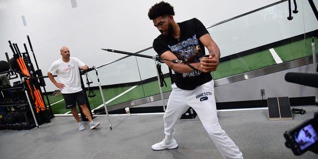 Karl-Anthony Towns #32 of the Minnesota Timberwolves attends an offseason workout at Proactive Sports Performance on August 23, 2022 in Westlake Village, CA.