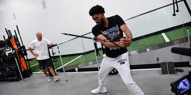 Karl-Anthony Towns #32 of the Minnesota Timberwolves participates in an offseason workout at Proactive Sports Performance on August 23, 2022 in Westlake Village, California.