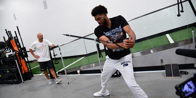 Karl-Anthony Towns #32 of the Minnesota Timberwolves attends an offseason workout at Proactive Sports Performance on August 23, 2022 in Westlake Village, CA.