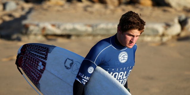 Kalani David before round 4 of the men's Ericeira World Junior Championships at Praia de Ribeira D'Ilhas on Jan. 12, 2016, in Ericeira, Portugal. 