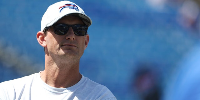 Buffalo Bills offensive coordinator Ken Dorsey on the field before a preseason game against the Indianapolis Colts at Highmark Stadium on Aug. 13, 2022 in Orchard Park, New York.