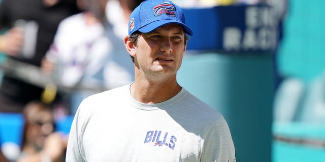 Buffalo Bills offensive coordinator Ken Dorsey looks on during warm-ups before the game against the Miami Dolphins at Hard Rock Stadium in Miami Gardens, Florida, on Sept. 25, 2022.