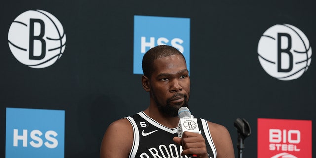 Nets forward Kevin Durant speaks to reporters during Media Day at the HSS Training Center in Brooklyn, New York, Sept. 26, 2022.