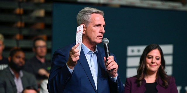 House Minority Leader Kevin McCarthy speaks about Republicans' "Commitment to America" agenda at DMI Companies in Monongahela, Pennsylvania, Sept. 23, 2022.