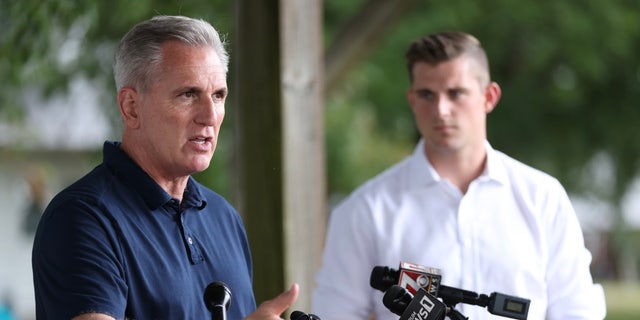 House GOP Leader Kevin McCarthy (R-California) campaigns with Republican congressional nominee Bo Hines, right, Aug. 9, 2022 in Raleigh, North Carolina