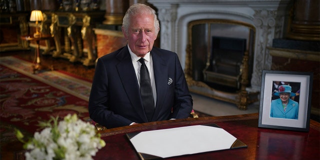 Britain's King Charles III delivers his address to the nation and the Commonwealth from Buckingham Palace, London, Friday, Sept. 9, 2022, following the death of Queen Elizabeth II on Thursday.