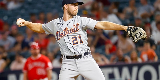 Detroit Tigers relief pitcher Kody Clemens throws to a Los Angeles Angels batter during the eighth inning of a baseball game against the Detroit Tigers in Anaheim, California, Monday, Sept. 5, 2022.