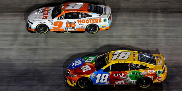 Kyle Busch, driver of the M&M's Toyota, and Chase Elliott at Bristol Motor Speedway on Sept. 17, 2022 in Bristol, Tennessee.