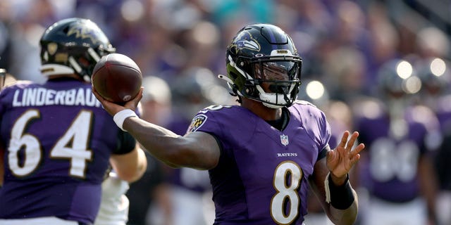 Quarterback Lamar Jackson #8 of the Baltimore Ravens throws a pass against the Miami Dolphins at M&T Bank Stadium on Sept. 18, 2022 in Baltimore, Maryland.
