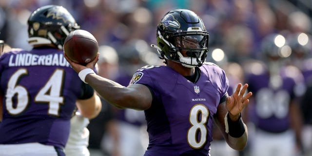 Quarterback Lamar Jackson #8 of the Baltimore Ravens throws a pass against the Miami Dolphins at M&T Bank Stadium on Sept. 18, 2022 in Baltimore, Maryland.