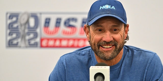Head coach Larry Fedora of the New Orleans Breakers speaks to reporters after being defeated by the Birmingham Stallions 31-17 at Tom Benson Hall of Fame Stadium on June 25, 2022 in Canton, Ohio.