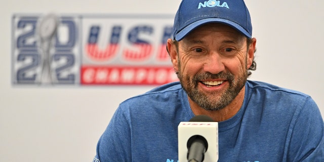 Head coach Larry Fedora of the New Orleans Breakers speaks to reporters after being defeated by the Birmingham Stallions 31-17 at Tom Benson Hall of Fame Stadium on June 25, 2022 in Canton, Ohio.