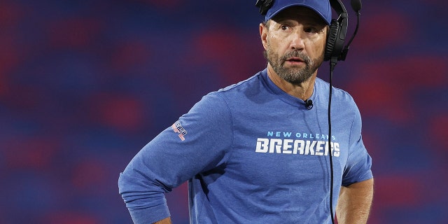 Head coach Larry Fedora of the New Orleans Breakers looks on in the second quarter of the game against the Michigan Panthers at Protective Stadium on May 28, 2022, in Birmingham, Alabama.