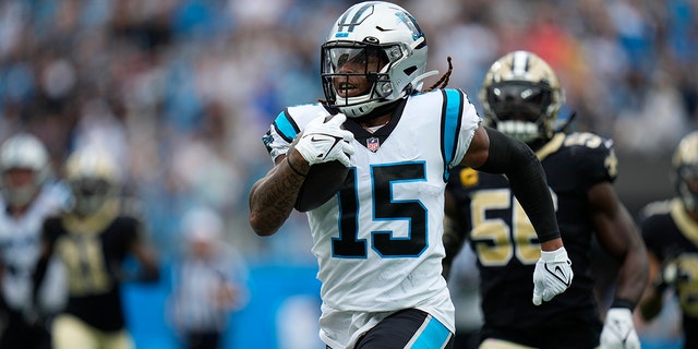 Carolina Panthers wide receiver Laviska Shenault Jr. (15) runs the ball down the field for 67 yards during the second half of an NFL football game against the New Orleans Saints, Sunday, Sept. 25, 2022, in Charlotte, N.C.