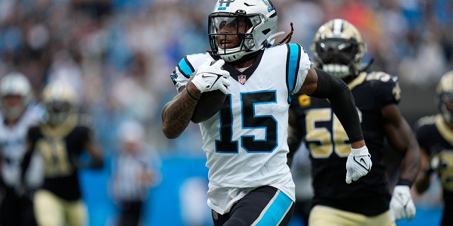 Carolina Panthers wide receiver Laviska Shenault Jr. (15) runs the ball down the field for 67 yards during the second half of an NFL football game against the New Orleans Saints, Sunday, Sept. 25, 2022, in Charlotte, N.C.