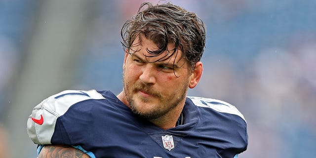 Taylor Lewan #77 of the Tennessee Titans during the game against the New York Giants at Nissan Stadium on September 11, 2022 in Nashville, Tennessee.