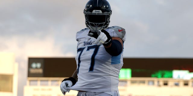 Taylor Lewan of the Tennessee Titans is shown prior to the game against the Buffalo Bills at Highmark Stadium in Orchard Park, New York, on Sept. 19, 2022.
