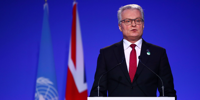Gitanas Nauseda, president of Lithuania, speaks during the U.N. Climate Change Conference in Glasgow, Scotland, on Nov. 2, 2021.