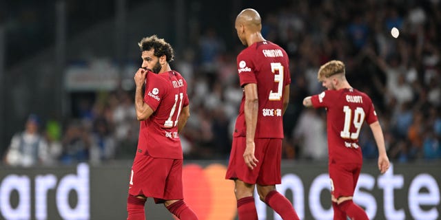 Liverpool's Mohamed Salah reacts after Andre-Frank Zambo Anguissa (not pictured) of SSC Napoli scores his team's second goal during a UEFA Champions League Group A game at Stadio Diego Armando Maradona September 7, 2022 in Naples, Italy.