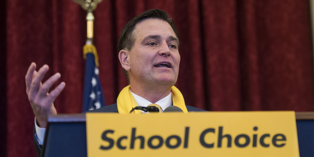 Rep. Luke Messer, R-Ind., speaks during a rally to promote the importance of school choice as part of "National School Choice Week," in Russell Building on January 18, 2018. (Photo By Tom Williams/CQ Roll Call)