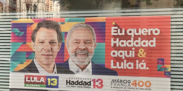 A campaign poster for left-wing presidential candidate Lula da Silva in São Paulo, Brazil.