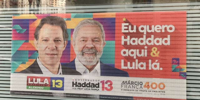 A campaign poster for left-wing presidential candidate Lula da Silva in São Paulo, Brazil.