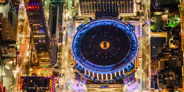 An aerial view of Madison Square Garden and the newly constructed Skylight at Moynihan Station Sept. 19, 2020, in New York City.